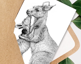 Kangaroo Mother and Baby Greeting Card - 5x7 inch card with envelope, blank inside, Mother's Day card, Australian wildlife card