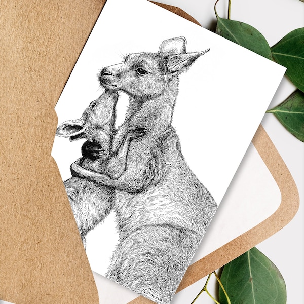 Kangaroo Mother and Baby Greeting Card - 5x7 inch card with envelope, blank inside, Mother's Day card, Australian wildlife card
