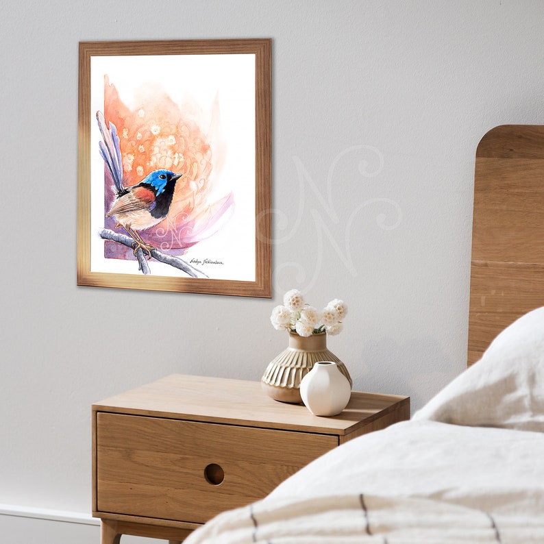 Sunrise Fairy-Wren and Waratah print bright wall art, bird lover gift, Australian native bird print, nature decor watercolour image 5
