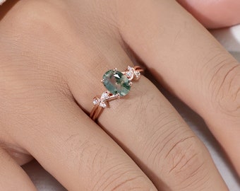 Nature Inspired Green Moss Agate Engagement Ring, Minimalist Wedding Ring, Twist Ring, Unique Promise Ring, Proposal Ring for Her