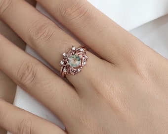 Unique Floral Engagement Ring Set, 14k Vintage Natural Moss Agate Wedding Bridal Set, Moissanite Cluster Design Anniversary Ring