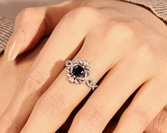 Vintage Cushion Cut Sapphire Ring, Art deco Twist Engagement Ring, Wedding Ring for Women, Unique Anniversary Ring, Promise Ring for Her