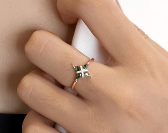 14K Solid Gold  Kite Cut Moss Agate Wedding Ring, Illusion Setting Engagement Ring, Delicate Promise Ring for Her, Elegant Anniversary Ring