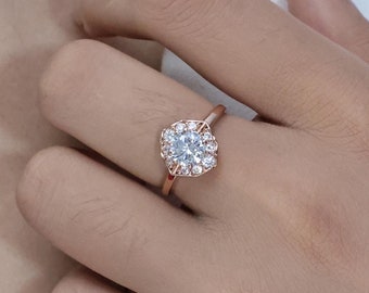 Halo Verlobungsring, 14k Massivgold Rundschliff Moissanite Ehering, Art-Deco-Brautring, Versprechensring, Vorschlagring Jubiläumsring
