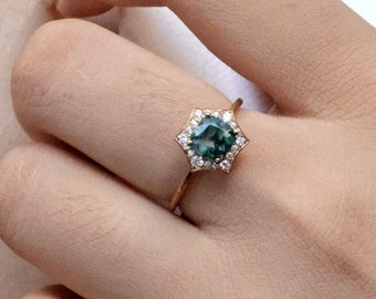 Halo Engagement Ring, 14K Solid Gold Cushion Cut Moss Agate Wedding Ring, Delicate Promise Ring for Her, Elegant Anniversary Ring for Women