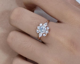 Halo Moissanit Verlobungsring, 14k Massivgold Ehering, Flora Brautring, Art-Deco Versprechensring, Vorschlag Ring, Jubiläumsring