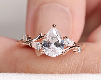 Dainty Pear Cut Moissanite Engagement Ring, Unique Leaf Twig Ring, Split Ring, Solitaire Wedding Ring, Art deco Anniversary Ring for Her
