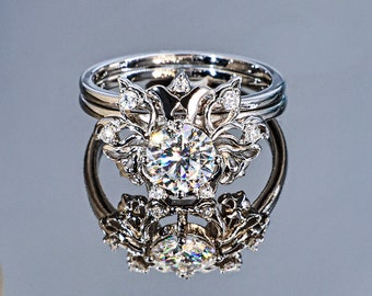 Vintage Wedding Ring Set, Art deco Round Cut Moissanite Ring, Floral Engagement Ring Set, Dainty Filigree Ring for Anniversary Gifts