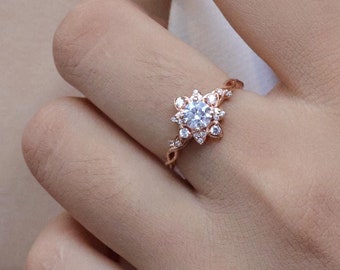 Halo Moissanite Verlobungsring, Floraler Ehering, Natur inspirierter Massivgold Brautring, Versprechensring, Vorschlagring, Jubiläumsring