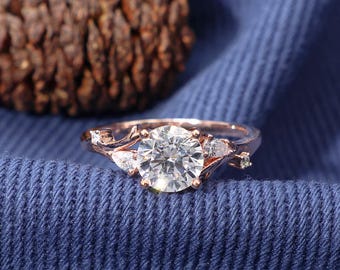 Minimalist Moissanite Ring, Unique Round Cut Engagement Ring, Leaf Twig Ring, Delicate Solitaire Wedding Ring, Proposal Ring for Wife