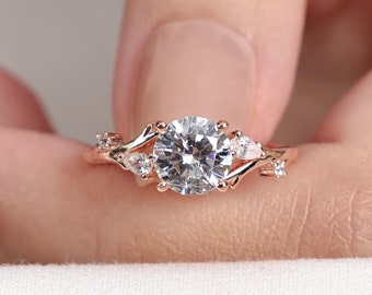 Minimalist Round Cut Moissanite Ring, 14k Leaf Twig Ring, Solitaire Ring, Wedding Ring, Unique Engagement Ring, Anniversary Ring for Wife