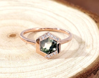 Minimalist Bezel Set Ring, Natural Moss Agate Ring, Engagement Ring, Hexagon Cut Wedding Ring, 14K Gold Proposal Ring, Delicate Promise Ring
