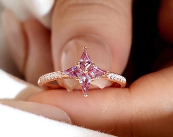 Delicate Starburst Promise Ring, 14K Kite Cut Alexandrite Wedding Ring, Illusion Setting Engagement Ring, Elegant Anniversary Ring