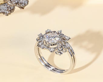 Vintage Wedding Ring Set, Art deco Round Cut Moissanite Ring, Floral Engagement Ring Set, Dainty Filigree Ring for Anniversary Gifts