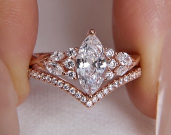 Art Deco Marquise Moissanite Engagement Ring Set, Unique Cluster Bridal Ring Set,  Pavé Wedding Ring Set, Anniversary Ring for Women