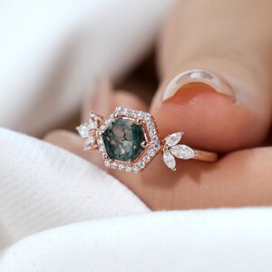 Natural Moss Agate Engagement Ring, 14k Unique Moss Agate Wedding Ring, Moissanite Cluster Promise Ring,  Halo Anniversary Ring for Her