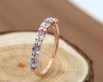 Half Eternity Alexandrite Wedding Band, 14K Solid Gold Ring, Dainty Stacking Ring, Minimalist Stackable Ring, Promise Ring for Her