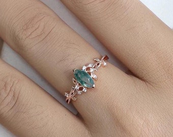Leaf Natural Inspired Engagement Ring, Leaf Twist Moss Agate Ring, 14k Unique Promise Ring, Women Wedding Ring, Rose Gold Anniversary Ring