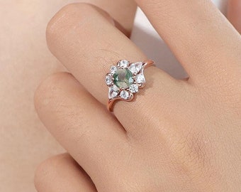 Natural Moss Agate Ring, Special Floral Engagement Ring, Halo Wedding Ring, Unique Promise Ring for Her, Cluster Daily Ring