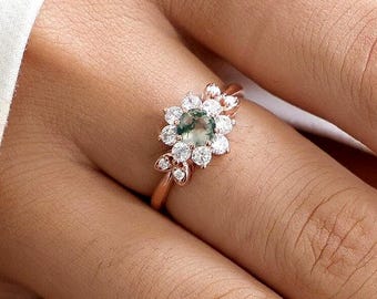 Unique Moss Agate Floral Ring, Delicate Promise Ring, Wedding Ring, Cluster Engagement Ring, Natural Round Cut Ring for her