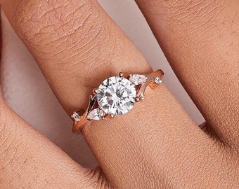 Minimalist Round Cut Moissanite Ring, Unique Engagement Ring, Leaf Twig Ring, Rose Gold Solitaire Wedding Ring, Anniversary Ring for Wife