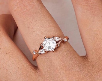 Vintage Hexagon Moss Agate Engagement Ring, Unique Leaf Twig Bypass Ring, Rose Gold Solitaire Wedding Ring, Art deco Anniversary Ring