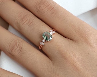 Minimalist Green Moss Agate Engagement Ring, Nature Inspired Twist Wedding Ring, 14k Unique Promise Ring, Anniversary Ring for Her