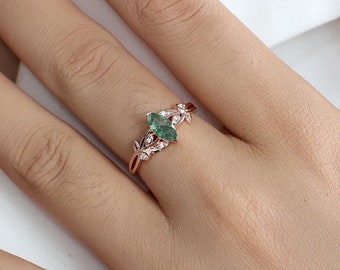 Leaf Nature Inspired Engagement Ring, Vintage Green Moss Agate Ring, 14k Unique Wedding Ring, Art deco Handmade Anniversary Ring
