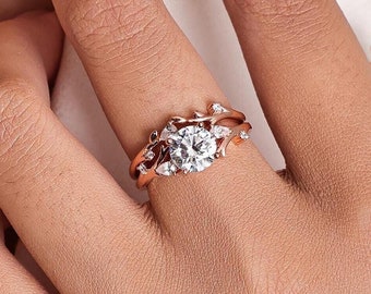 Vintage Round Moissanite Engagement Ring, Unique Leaf Twig Ring Set, Rose Gold Branch Wedding Ring Set, Art deco Anniversary Ring For Her