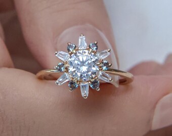 Starburst Halo Engagement Ring, 14K Solid Gold Moissanite Wedding Ring, Delicate Promise Ring for Her, Elegant Anniversary Ring for Women