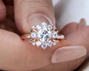 Halo Verlobungsring, Moissanit Ehering, Asscher Schnitt, Flora Brautring, Art Deco Versprechensring, Jubiläumsring für Sie