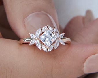 Halo-Verlobungsring, 14k Solid Gold Rundschliff Moissanite Ehering, Flora Brautring, Art-Deco-Versprechensring, Jubiläumsring für sie