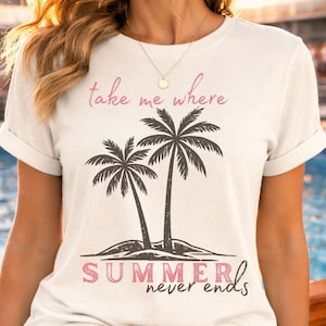 Retro beach graphic t-shirt featuring two vintage-style palm trees with the phrase “take me where summer never ends”
