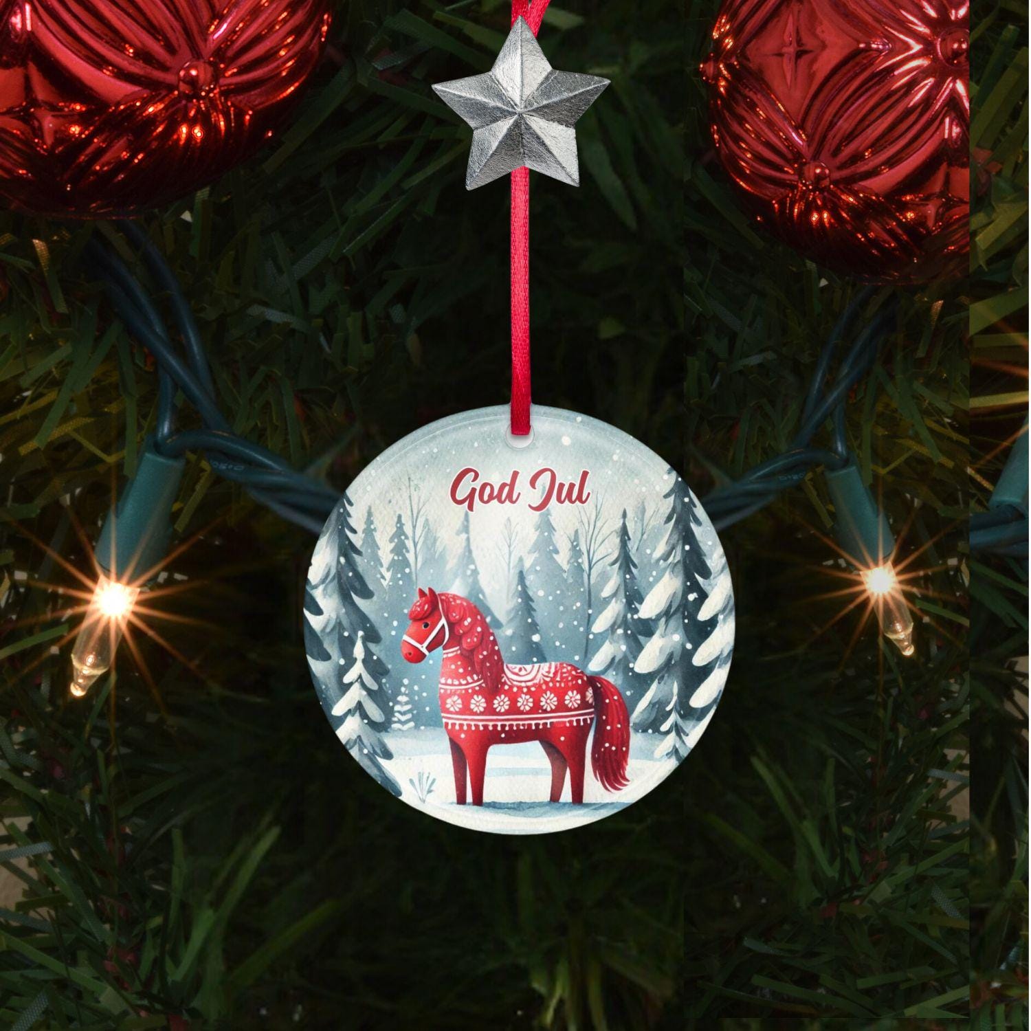 Scandinavian Christmas Dala Horse Acrylic Ornament - God Jul Ornament ...