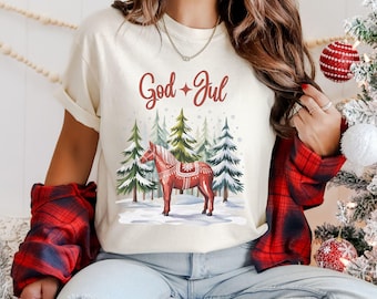 God Jul Shirt Nordic Christmas Scandinavian Style Dala Horse Shirt Swedish Holiday Festive Shirt Scandinavian Charm Swedish Christmas Shirt