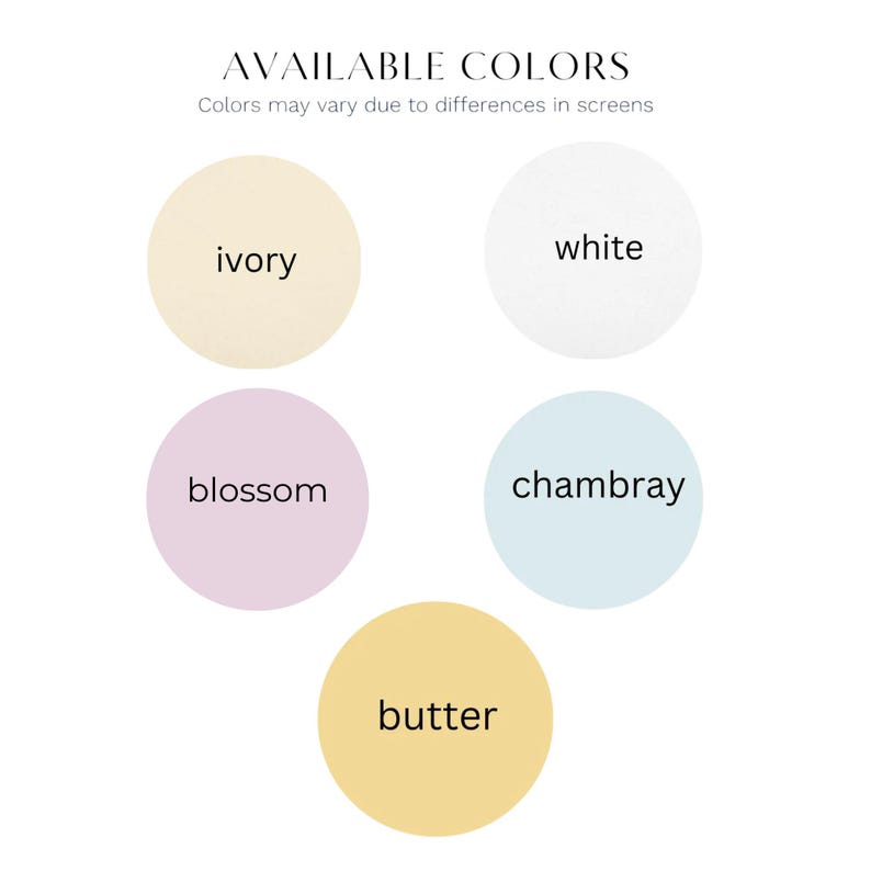 K&ouml;nnte beinhalten: F&uuml;nf Farbmuster, die die verf&uuml;gbaren Farben f&uuml;r ein Produkt zeigen: Elfenbein, Wei&szlig;, Bl&uuml;te, Chambray und Butter.