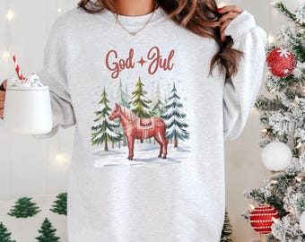 God Jul Sweatshirt Nordic Christmas Scandinavian Style Dala Horse Shirt Swedish Holiday Festive Sweatshirt Scandinavian Charm Swedish Tshirt