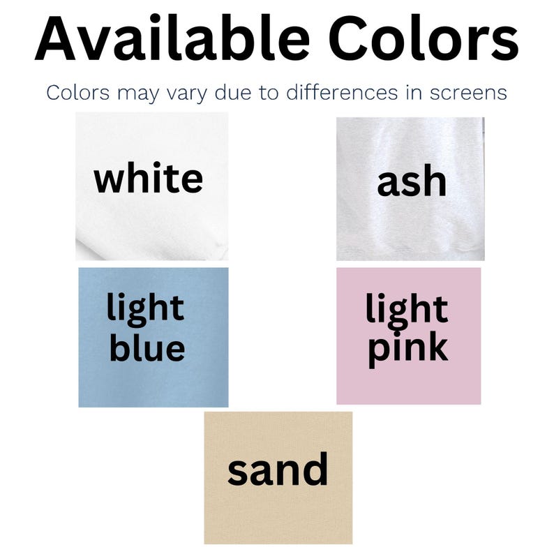 May include: A graphic showing five different color options for a product: white, ash, light blue, light pink, and sand.
