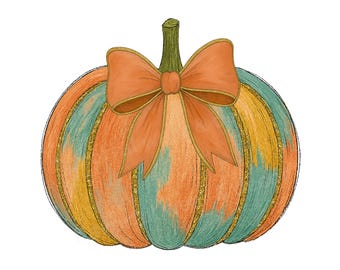 May include: A watercolor illustration of a pumpkin with orange, teal, and yellow sections, accented with gold glitter lines. An orange bow sits atop the green stem. The image is labeled "300 DPI", "PNG", "HIGH QUALITY", "COMMERCIAL USE", and "TRANSPARENT BACKGROUND".