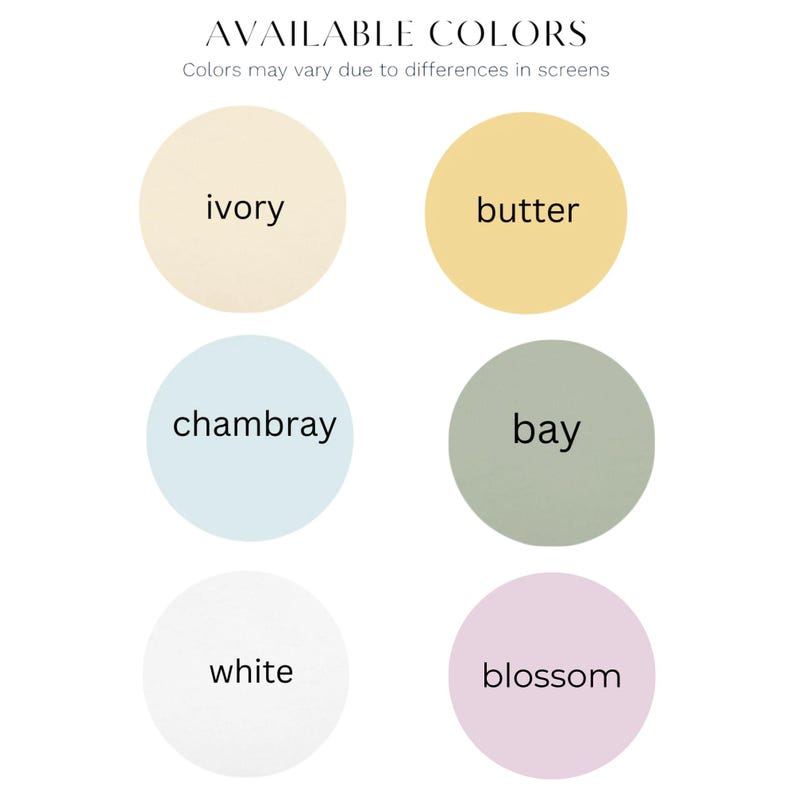 Pu&ograve; includere: Immagine che mostra una tavolozza di colori con sei campioni circolari. I colori sono avorio, burro, chambray, baia, bianco e fioritura. Il testo in alto recita "COLORI DISPONIBILI" e "I colori possono variare a causa delle differenze negli schermi."