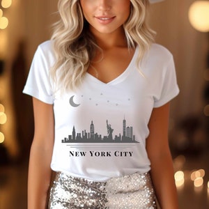 New York City Skyline V Neck T shirt  Exclusive Nightlife Skyline T-Shirt with Stars and Crescent Moon