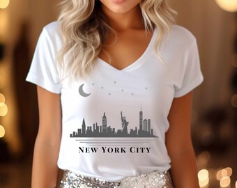 New York City Skyline V Neck T shirt  Exclusive Nightlife Skyline T-Shirt with Stars and Crescent Moon