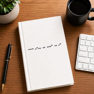 May include: A white notebook with black Morse code symbols printed on the cover. A black pen, a cup of coffee, and a keyboard are on the wooden desk. The notebook is closed and has a clean, minimalist design.