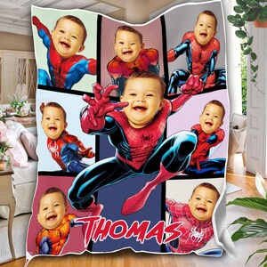 Personalisierte Spider Man Decke, Benutzerdefinierte Multi Fotos & Name Superheld Decke, Geburtstagsgeschenk, Jungen Decke, Mädchen Decke, Kinder Weihnachtsgeschenk