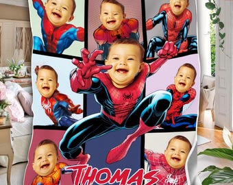 Personalisierte Spider Man Decke, Benutzerdefinierte Multi Fotos & Name Superheld Decke, Geburtstagsgeschenk, Jungen Decke, Mädchen Decke, Kinder Weihnachtsgeschenk