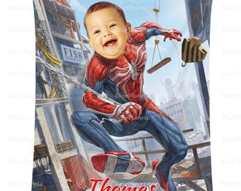 Personalized Spider Man  Building Blanket, Custom Photo Name Superhero Blanket, Birthday Gift, Boy Blanket, Girl Blanket, Christmas Gift