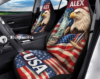 Funda para asiento de coche Custom America 250, funda personalizada con nombre, águila patriótica y bandera de EE. UU., accesorios para coche del 4 de julio, 2 piezas.