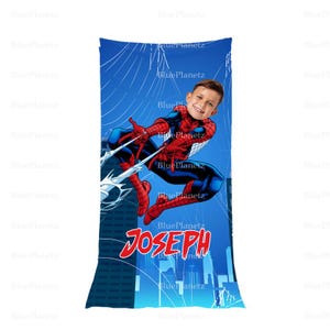 Personalized Blue Spider Man Beach Towel, Custom Photo Name Superhero Beach Towel, Birthday Gift, Boy Girl Towel, Christmas Gift
