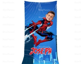 Toalla de playa personalizada de Spider Man azul, toalla de playa de superhéroe con nombre y foto personalizada, regalo de cumpleaños, toalla para niño y niña, regalo de Navidad