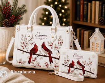 Personalized Cardinal Bird Handbag & Wallet Set, Custom Name Red Bird Floral Purse, Matching Bag Wallet Gift for Women